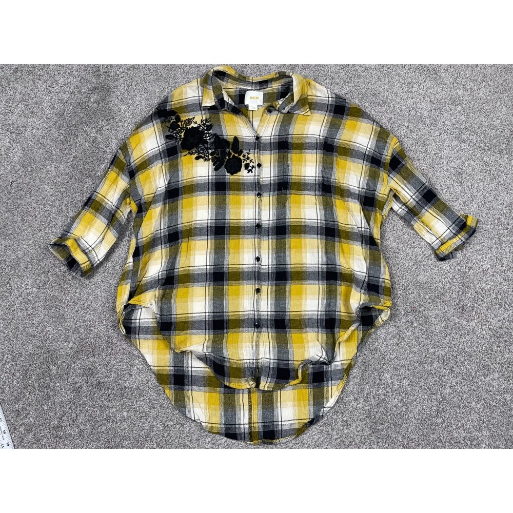 Maeve Shirt Womens XS S Anthropologie Yellow Plaid Button Down Floral Embroidery
